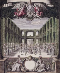 Dans i en formell hage, fra en samling med tittelen Les Menus Plaisirs du Roi (penn og blekk og wc på papir)