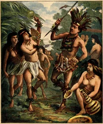 Dans av Roucouyan-indianere i Karibia. Gravering i "" La Terre Illustree"" nr. 77 av 21. april 1892.