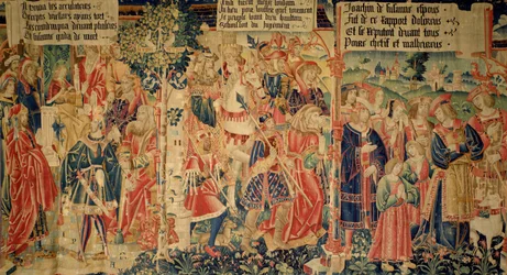 Daniel forhørte de eldste, de eldste førte til henrettelse og Susanna gråt på vei til rettssaken hennes, høyre panel fra Story of Susanna