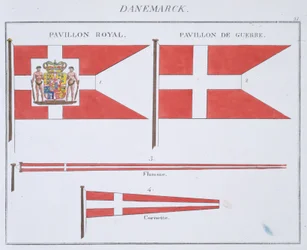 Danske flagg, fra en fransk flaggbok, ca. 1819