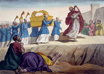David eskorterer Paktens Ark til Jerusalem, illustrasjon fra en katekisme LHistoire Sainte, utgitt av Charles Delagrave, Paris, sent på 1800-tallet