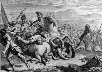Death of Alaric II, 507: Clovis I (465-511), king of the Franks, killing Alaric II (484-507), king of the Visigoths, at the Battle of Vouille in 507. Engraving of the 18th century.