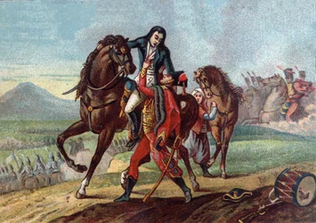 Death of General Charles Antoine Desaix de Veygoux (1768-1800) in the arms of the son of Consul Lebrun at the Battle of Marengo