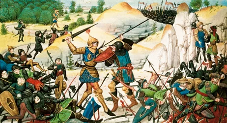 Død av Ridder Roland, nevø av Karl den store, i slaget ved Roncesvaux (778) mellom Arma av Karl den store og saracenerne. Miniatyr fra 1300-tallet.