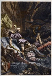 Ridderen Rolands død, Karl den stores nevø, i slaget ved Roncevaux (778) mellom Karl den stores hær og sarasenerne - Rolands død i slaget ved Roncevaux-passet, 778 - gravering fra «Histoire de France racontée à mes grands-enfants»