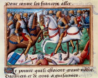 Nederlag til hertugen av Clarence ved Grand-Baugy i Anjou (1421). Miniatyr i "" Vigiles du roi Charles VII"" (Folio 24v) av Martial d
