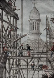 Demonstrasjon av stillas som avduker slutten på konstruksjonen av kuppelen til basilikaen i Montmartre. Gravering i "" Le Pelerin"" 17/12/1899.