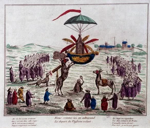 Avreise fra det satireflygende skipet på den flyvende maskinen forestilt av Jean-Pierre Blanchard (1753-1809): esler, aper og blinde ser på den merkelige maskinen utstyrt med seks vinger og et ror. Gravering fra slutten av 1700-tallet. Paris, Musée Carn