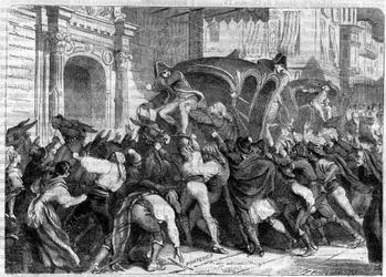 Departure of King Ferdinand VII to Bayonne 1808 (Abdications of Bayonne) - Depart for the Interview of Bayonne (1808) - The people at Vittoria in Spain want to prevent the departure of Ferdinand VII for Bayonne - in “” History of the empire following the h