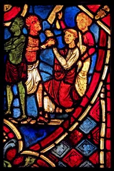 Å fremstille Theophilus inngår en avtale med en djevel; fra kirken Varennes-Jarcy (opprinnelig fra Abbey de Gercy?)