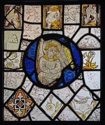 Fremstiller grisaille med grotesker og en engel; Normandie