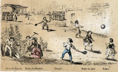 Beskrivelse av barns fritid og leker: ball- og ballspill (ball til veggen, palmespill) og hagearbeid. Plate “” les jeux de l'enfance”” i “” les Recreations instructives”” Synoptisk maleri av Jules DELBRUCK, gravering fra 1860. Private collecti
