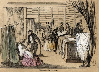 Beskrivelse av kultur og silkeprodukter: en silkebutikk. Tallerken "" la soie"" i "" les Recreations instructives"" Synoptisk maleri av Jules DELBRUCK, gravering fra 1860. Privat samling.