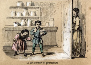 Beskrivelse av de fem sansene: detalj i smaken, to grådige barn fanget av moren sin som gjemmer en kjele med bitter smak blant de andre sukkerglassene. Tallerken "" Les cinq sens"" i "" les Recreations instructives"" Synoptisk maleri av Jules Delbru