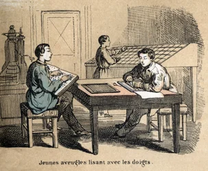 Description of the five senses: detail of touch, young blind boys use touch to decipher texts through the Braille alphabet, a tactile writing system. Plate “” Les cinq sens”” in “” les Recreations instructives”” Synoptique painting by Jules Delbruck, engra