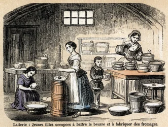 Beskrivelse av de ulike jobbene og saueproduktene: unge melkebønder som lager smør og oster i et meieri. Plate "" Les Moutons"" i "" les Recreations instructives"" Synoptisk maleri av Jules DELBRUCK, gravering fra 1860. Privat samling.