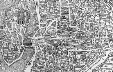 Detalj fra et kart over Paris under Henri IIs regjeringstid som viser quartier des Ecoles, 1552