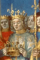 Detalj fra Fr 6465, f.247v: Kroningen av Ludvig VIII (1187-1226) og Blanka av Castilla i Reims i nærvær av kongen av Jerusalem (detalj av 38990)