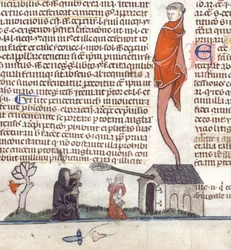 Detalj av en bas-de-page-scene av en eremitt som sitter utenfor en taverna og drikker øl, ca. 1300-40 (blekk på pergament)