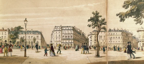 Detalj av et panorama av Boulevard des Italiens, ca. 1840 (farge litho)