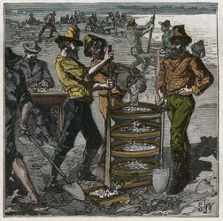 Diamantvasking i Sør-Afrika på 1800-tallet. Gravering fra 1885 i "" Les arts et metiers illustres"" av Adolphe BITARD.