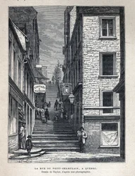 Oppdag Canada: Rue du Peute Champlain (Petity-Champlain) i Quebec. Tegning av Taylor fra et fotografi. Gravering fra slutten av 1800-tallet i «La nouvelle France» av Eugene Guenin.