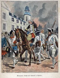 Discovered Canada: Louis Joseph de Montcalm (1712-1759) general francais injured during the siege of the city of Quabec by the English and brought back to Quebec in 1759. Engraving from the end of the 19th century in “La nouvelle France” by Eugene Guenin.