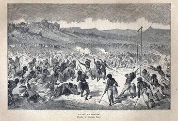 Oppdaget Canada: Sport. American Indian lacrosse-spillet. Tegning av Gustave Dore. Gravering fra slutten av 1800-tallet i «La nouvelle France» av Eugene Guenin.