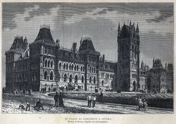 Discovered Canada: The Parliament Palace in Ottawa. Drawing by Deroy from a photograph. Engraving from the end of the 19th century in “La nouvelle France” by Eugene Guenin.