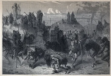 Discovered Canada: the dance of the bison in the Mondanes. Engraving from the end of the 19th century in “La nouvelle France” by Eugene Guenin.