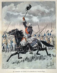 Discovered from Canada: Francois Gaston dit Chevalier de Levis (1719-1787) encouraging his military troops at the battle of Saint Foy (Sainte-Foy) on 27 April 1760 against England. Engraving from the end of the 19th century in “La nouvelle France” by Eugen