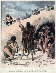 Oppdaget fra Canada: Piloten Alexis Chedotel finner mannskapet forlatt av Troilus du Mesgouez kjent som Marquis de la Roche på sandøya i 1578. Gravering fra slutten av 1800-tallet i «La nouvelle France» av Eugene Guenin.