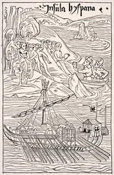 Oppdagelsen av Santo Domingo, Insula Hyspana, av Christopher Columbus, faksimile av en tregravering av Epistola Christoferi Colom, fra Science and Literature in The Middle Ages av Paul Lacroix pub. London 1878