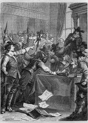 Oppløsning av parlamentet av Oliver Cromwell (1599-1658) britisk militær og politiker som styrte England. Gravering i "" Pavenes historie (...) Dronningkongens og keiseres forbrytelser gjennom århundrene" av Maurice Lachatre