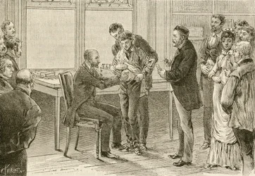 Doktor Pasteur undersøker gutt smittet med rabies. 1800-tallet (gravering)