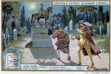 Don Juan: Act II, Scene X, Don Juan på kirkegården og statuen av kommandøren - chromo Liebig