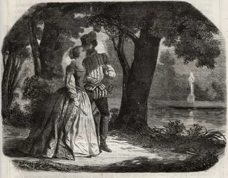 Don Juan discussed with Anne of Austria (1549-1580) his possible union with Prince Don Carlos (1545-1568), son of King Philip II of Spain (1527-1598). Engraving from 1871 in “Histoire Des Cocus Celebres”” by Henry de Kock (1819-1892).