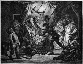 Don Quijote kjemper mot dukkene han tror er maurere. Stikk av V. Beauce etter maleriet av Charles Antoine Coypel (1694-1752), som illustrerer romanen av Cervantes (1547-1616). I «Le Magasin pittoresque»