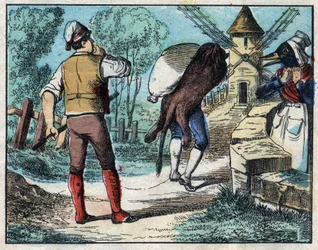 Donkey wearing the skin of the Lion. Fables by Jean de La Fontaine (1621-95).Imaging of Epinal from the end of the 19th century.
