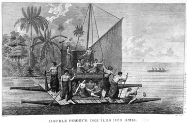 Double Pirogue of the Friendly Islands, illustrasjon fra Atlas du Voyage a la recherche de La Perouse, 1792