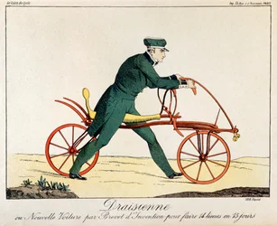 Draisienne, stamfar til sykkelen, 1820 (fargegravering)