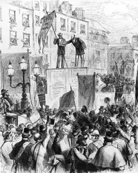 Dublin - Feiringer av hundreårsjubileet for Daniel OConnells fødsel: Mr. Sullivan MP, hyller folket i Sackville Street, fra Le Monde Illustré, 1875