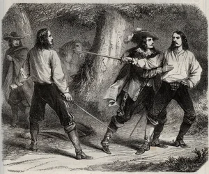 Duel has the sword between the Viscount of Cahuzac and the Marquis of Gesvres, whose queen of France Anne of Austria is in love, in the woods of Vincennes. 17th century. Engraving from 1871 in “Histoire Des Cocuses Celebres”” by Henry de Kock (1819-1892).