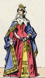 Kapetianernes dynasti: Portrett av Joan Iere av Navarre (1271–1305), dronning av Frankrikes kone til Filip IV av Frankrike, kjent som Filip Belen (1268–1314). Epinal avbildning fra slutten av 1800-tallet. Privat samling.