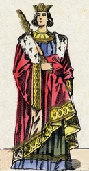 Kapetianernes dynasti: Portrett av Ludvig X kalt Hutinen (1289-1316), kongen av frankerne fra 1314 til 1316. Epinal avbildning fra slutten av 1800-tallet. Privat samling.