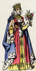 Capetians dynasti: Portrett av Marguerite av Provence (1221-1295), dronning av Frankrike, kone til Ludvig IX av Frankrike (1214-1270). Epinal avbildning fra slutten av 1800-tallet. Privat samling.