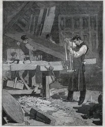 Ebenisterie: ebenistarbeider som deler et styre på det etablerte. Gravering fra 1885 i "" Les arts et metiers illustres"" av Adolphe BITARD.