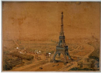 Avvist prosjekt til Eiffeltårnet fra konkurransen i 1886 for utstillingen i 1889. Tegning fra 1886. Paris, Nasjonalarkivet