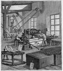 Galvanisering - Galvaniseringsverksted til Monsieur Rousset i Paris på 1800-tallet - Gravering i "" Vitenskaper satt ved døren til alt - fysikk og kjemi" av Alexis Clerc - Slutten av 1800-tallet - Privat samling