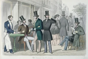 Elegante unge menn på terrassen til en kafé, 1857 (fargegravering)